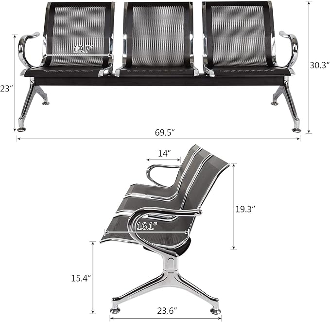 Waiting Room Chair Bench - 5-Seat Waiting Room Bench with Arms Airport Reception Bench Guest Reception Chairs Lobby Bench Waiting Area for Airport Market Bank Hospital School, Black