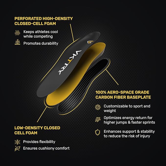 VKTRY Gold for Cleated Shoes - Carbon Fiber Performance Insoles Customized Athletic Inserts for Football, Baseball, Soccer, Golf, Lax & More | Run Fast, Jump High, US M15-15.5, W17-17.5, >220lb