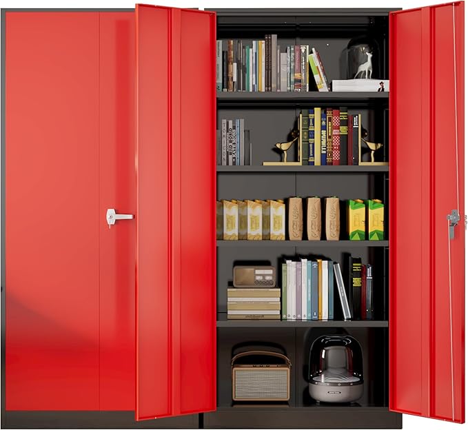 Greenvelly Metal Lockable Storage Cabinet, 72” Storage Cabinet with 2 Doors and 4 Adjustable Shelves for Office, Home, Garage, Pantry (Assembly Required, Black Red)