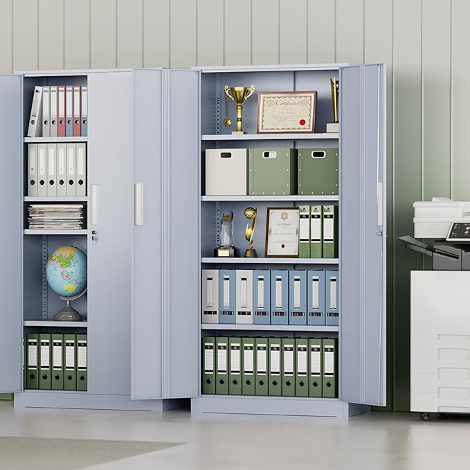 INTERGREAT Metal Storage Cabinet with Lock, 63" H Metal Cabinets Storage with 2 Doors and 4 Adjustable Shelves, Locking Garage Cabinet for Home Office, Kitchen, Bathroom (Cement Grey)
