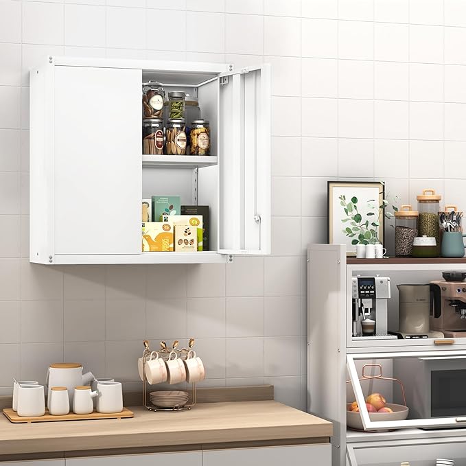 GREATMEET Metal Wall Cabinet, Wall Mounted Storage Cabinet with Lock for Garage Storage, White Floating Cabinet with Doors and Adjustable Shelf for Utility Room