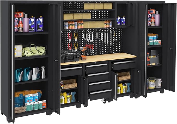 Garage Storage Cabinet System - 9-Pc Steel Workshop Set w/Workbench Includes Cabinet Drawers & Pegboard | Gray Tool Organization System for Garage/Workshop