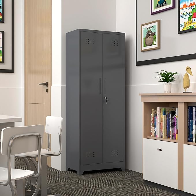 GREATMEET Broom Closet, Broom Closet Cabinet with Pegboard and Hanging Rod, Cleaning Supplies Storage Cabinet for Bathroom, Garage