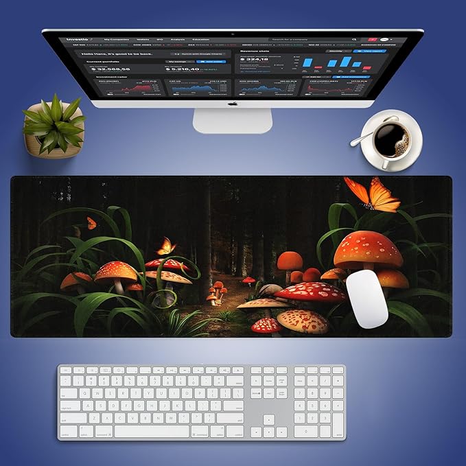 Extended XXL Gaming Mouse Pad with Stitched Edges for PC Home & Office - Mushrooms in Deep Dark Forest Fantasy Nature Earth Path Mystical Design, Smooth Fabric Surface Anti-Slip Base Large Desk Mat