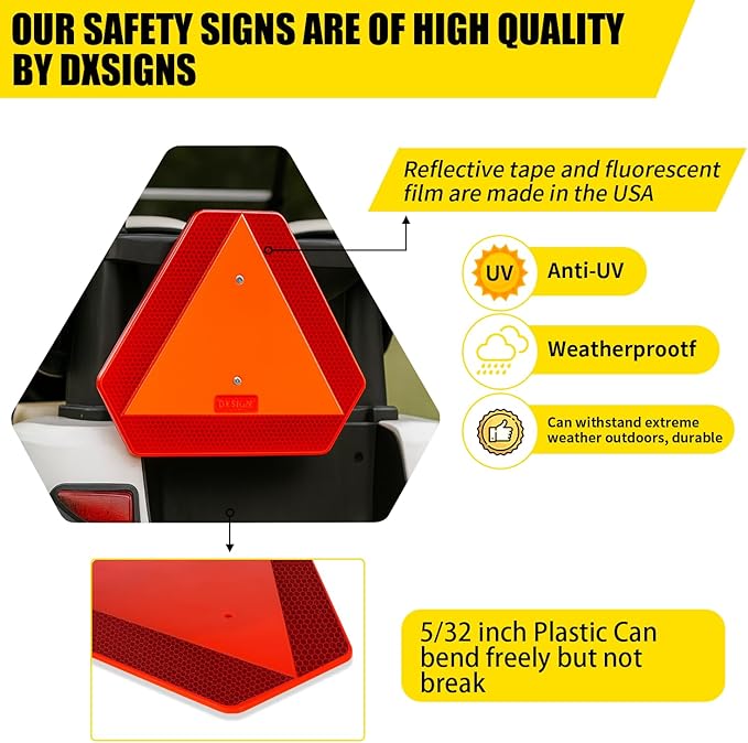 Slow Moving Vehicle Sign, Plastic DOT Slow Moving Vehicle Triangle Signs, SMV Sign 14"x16"x0.16"/5mm Thick Diamond Grade Reflective Up to 7 Years Outdoor for Golf Cart Accessories, Tractor, Utv,