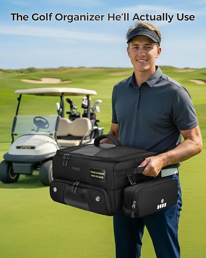 YOREPEK Upgraded Golf Trunk Organizer, Christmas Gifts for Golfers, with Removable Insulated Pouch&Dust-Proof Protective Layer, Multi-Compartment fits 2 Pairs of Shoes, Golf Accessories