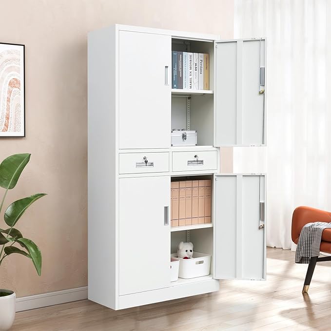 BESFUR 71“H Metal Storage Cabinet with 2 Lockable Drawers and 2 Lockable Doors, Metal Cabinet with 2 Adjustable Shelves, Locking Cabinet for Garage, Office, Classroom - White