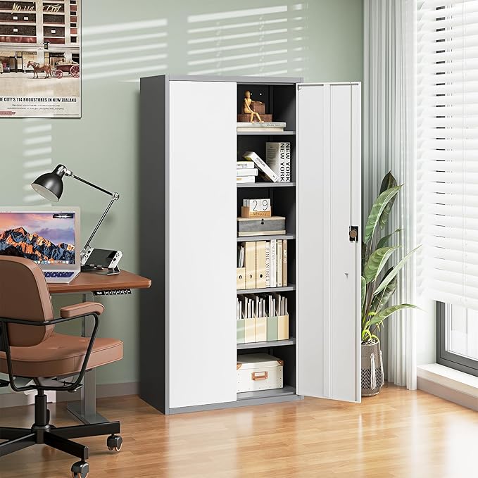 Letaya Metal Garage Storage Cabinets with Lock Door and Adjustable Shelves, Steel Tool Cabinets for Home,Office,Warehouse Organisieren (Gery White, 71" H)