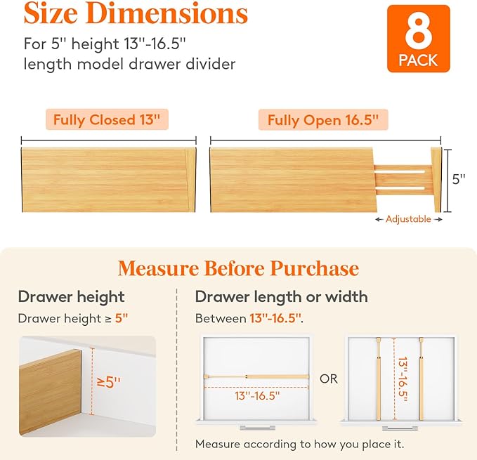 Lifewit 8 Pack 5" Deep Bamboo Drawer Dividers, 13-16.5" Expandable Drawer Organizers for Clothes, Adjustable Dresser Drawer Divider, Clothing Drawer Separators for Dresser, Bedroom, Bathroom, Kitchen
