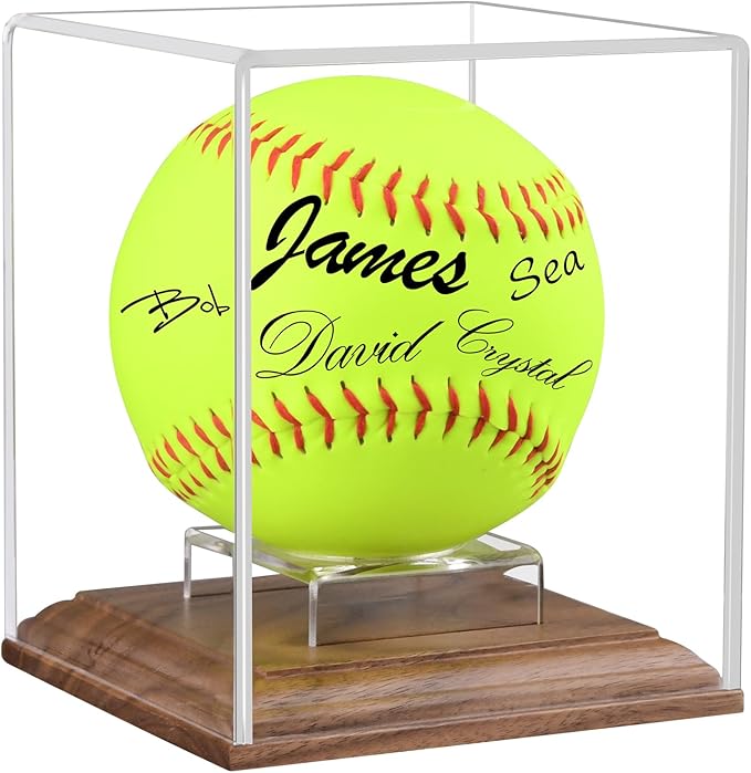 Softball Display Case Walnut Wood Base Acrylic Softball Case Display For Balls Uv Protection Softball Holder Cube Box Stand Memorabilia Autograph Ball, Ideal Gift For Official Size Single Ball Display