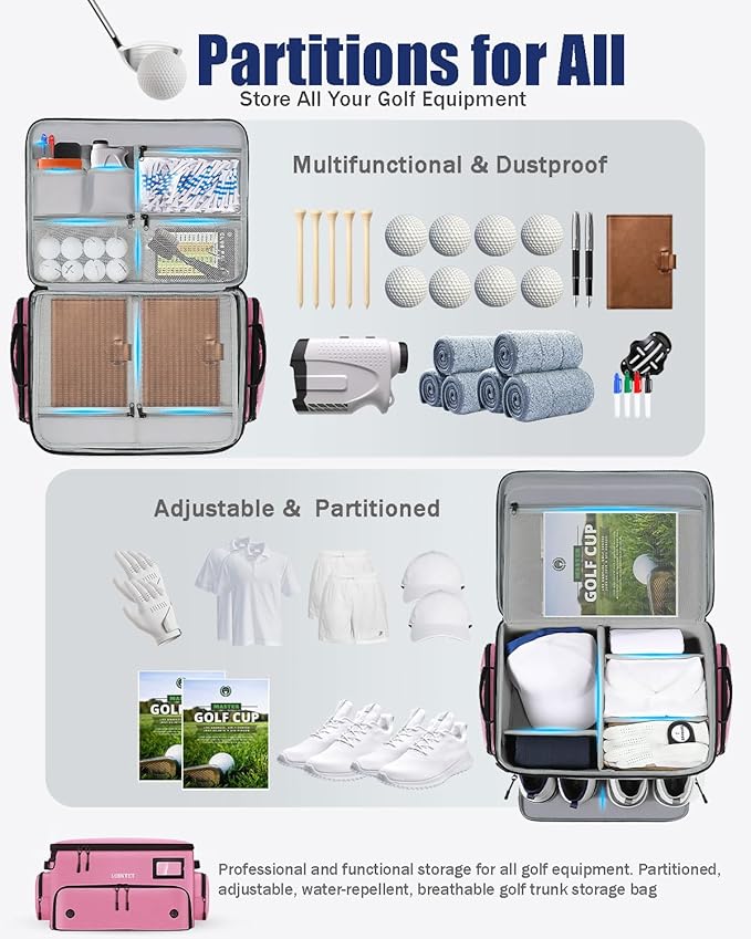 Golf Trunk Organizer, Waterproof Car Golf Locker with Separate Ventilated Compartment for 2 Pair Shoes, Golf Storage for Balls, Tees, Cap, Clothes, Gloves, Accessories, Gifts for Men, Women