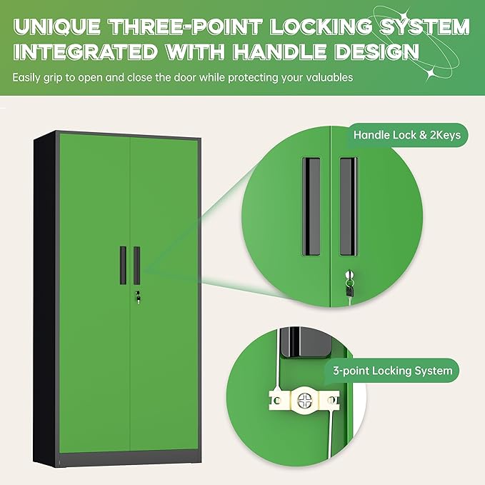 INTERGREAT Metal Storage Cabinet,72" Steel Lockable File Cabinet with Locking Doors and Adjustable Shelves,Locking Tool Cabinets for Office,Home,Garage,Gym,School (Black Green)