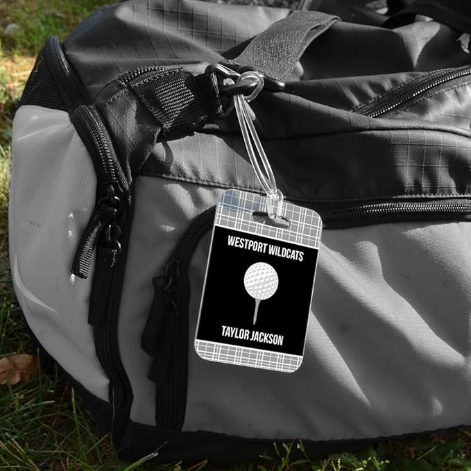 ChalkTalkSPORTS Golf Luggage & Bag Tag | Personalized Team with Golf Ball | Standard Lines on Back | Medium | Gray/Black