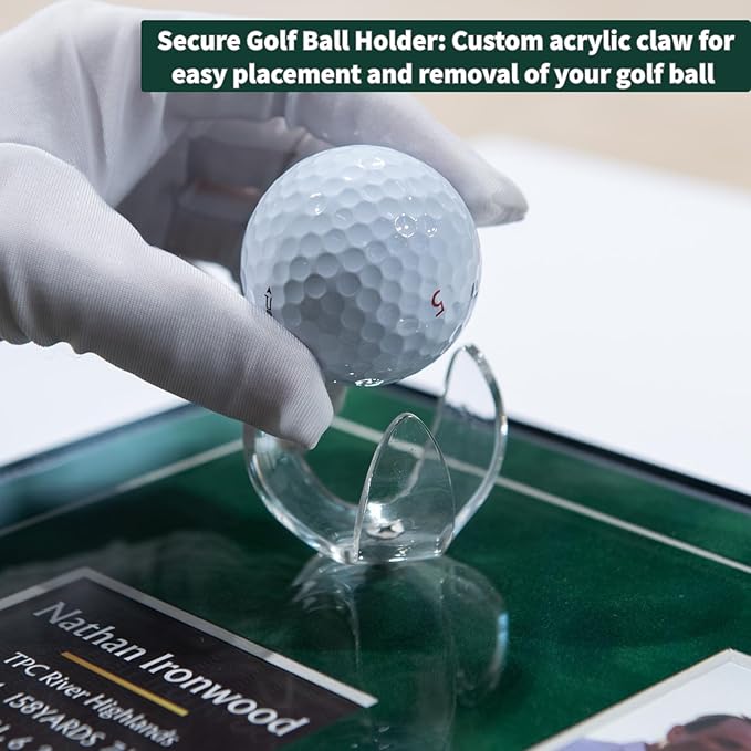 One-Shot Victory Golf Ball Display Frame – Acrylic Case with External Ball Mount, Custom Photo & Nameplate, Green Suede Mat, Elegant Golf Keepsake Gift（vertical design）