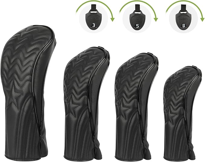 4pcs or 1pc Golf Club Head Covers for Woods, Driver, Fairway, Hybrid – Premium PU Leather with Interchangeable Tags & Magnetic Blade and Mallet Putter Covers
