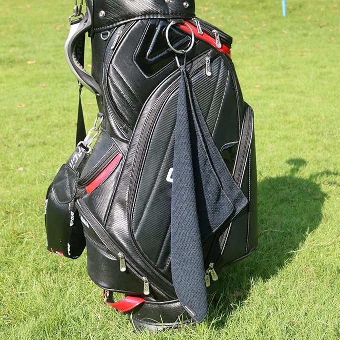 Golf Towels, Golf Towel and Brush Set, with Microfiber Waffle Design Golf Towel 16" X 24" with Hook and Loop Fastenerl and Retractable Zip-line Golf Club Brush (Black)