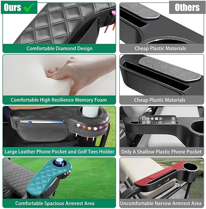 Golf Cart Diamond Armrest with Cup Holder for Rear Seat, Upgraded Stable Triangle Support Frame No Drilling for EZGO Club Car DS Precedent Yamaha Golf Carts Arm Rest with 1" Side Square Tube