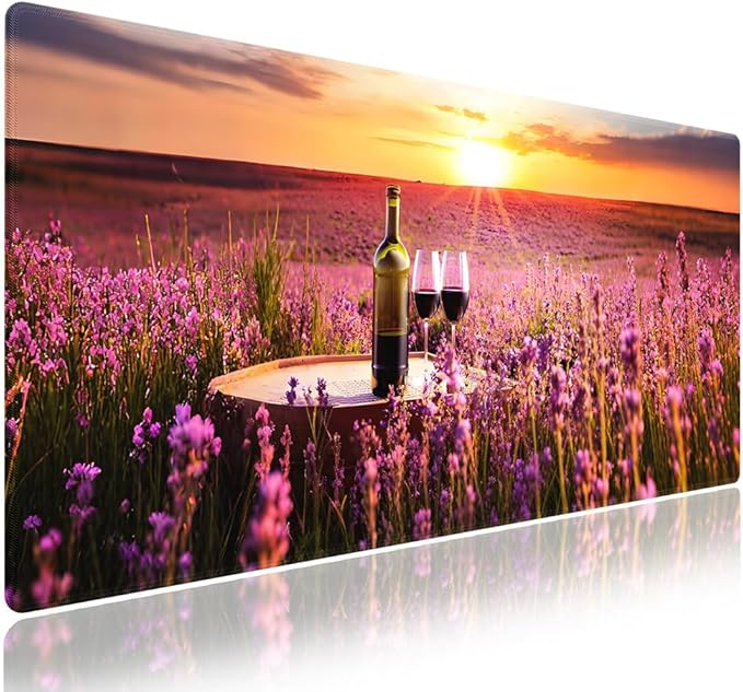 Wknoon. Extra Large Gaming & Office Mouse Pad (31.5" x 11.8") with Durable Stitched Edges – Sunset Landscape Wine Tasting in a Blossoming Lavender Field Country Meadow Picnic, Anti-Slip XXL Desk Mat