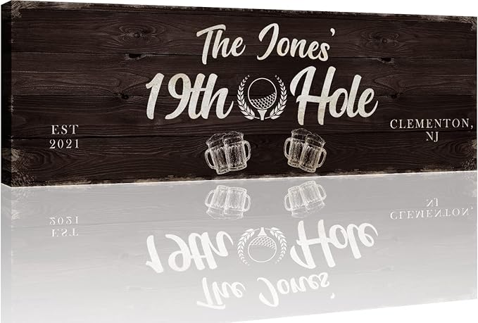 TAILORED CANVASES Golf Art Decor - Personalized Vintage Golf Wall Art Sign for Man Cave, Bedroom, Basement, Home Bar and Custom Gift for Husband, Dad, Wedding & Anniversary - 19th Hole Sign, 36"x12"
