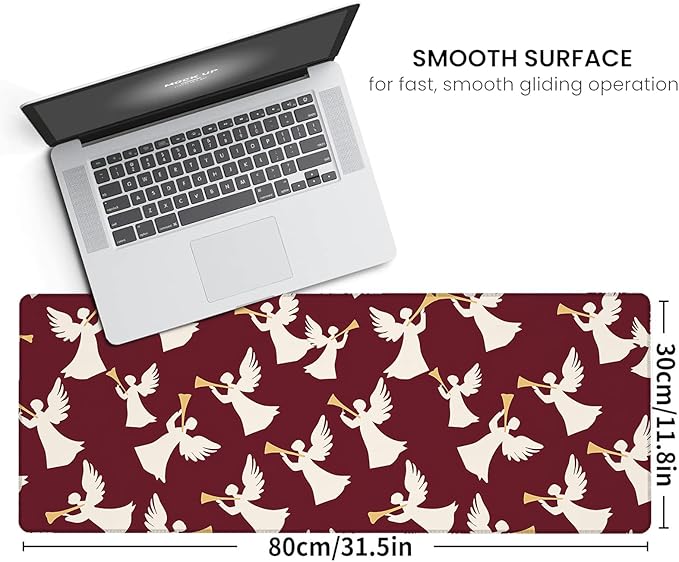 Cute Angel Large Gaming Mouse Pad,Elegant Trumpet Spiritual Desk Mat,31.5x11.8x0.12in Extended Non-Slip Rubber Red Mousepad,Computer Deskmat Gifts,Laptop Mice Pads Decor for Home Office
