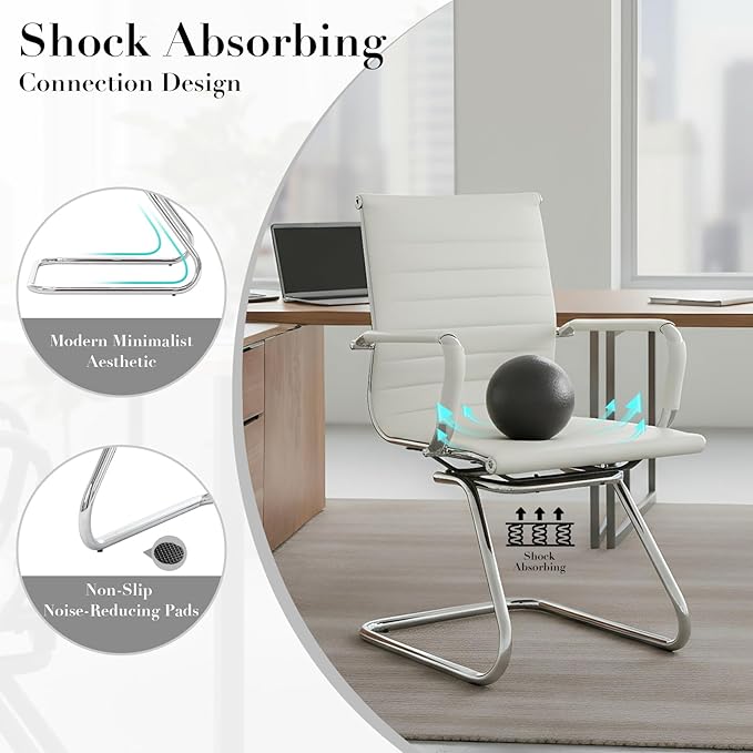 CIMOTA Waiting Room Chairs Leather Office Guest Chair Mid Back Reception Chairs with Sled Base for Meeting/Patient/Conference Room, White Set of 2