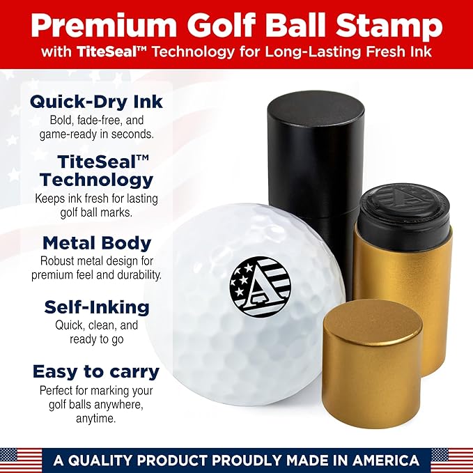 Personalized Golf Ball Marker Stamp with TiteSeal™ Technology Bundle - Metallic Box with Golf Ball Stamp + Refill Ink Bottle - Gold Case