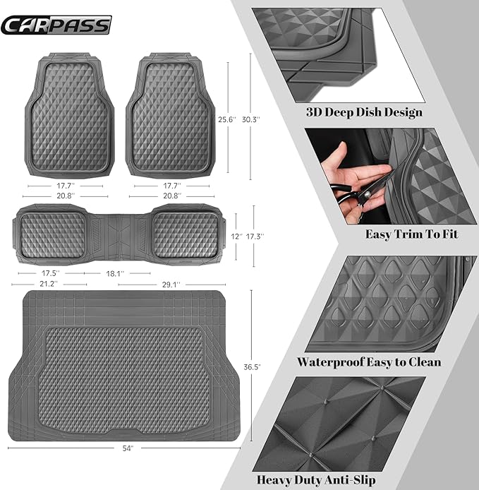 CAR PASS Heavy Duty Rubber Gray Car Floor Mats & Cargo Liners, Deep Dish All-Weather Trunk Mats Durable Anti-Slip 3D Rhombus Waterproof Trim to Fit Liner Universal Fit Auto,Sedan,SUV,Truck, Gray