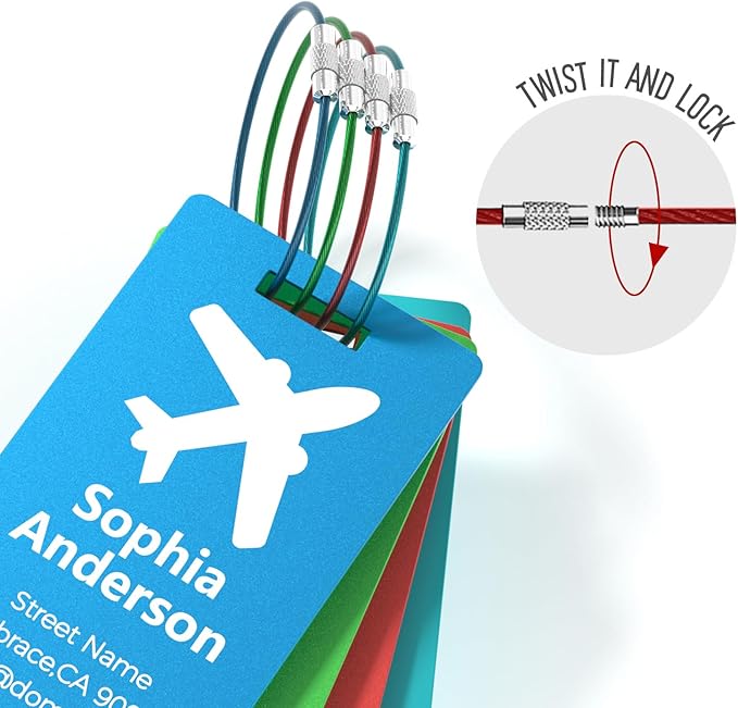 Personalized Metal Luggage Tags, Custom Suitcase Aluminum Name Tags with 5.9in Steel Ring, Laser Engraved Text and Logo, for Travel Gift, Baggage, Golf Bag (Lake Blue)