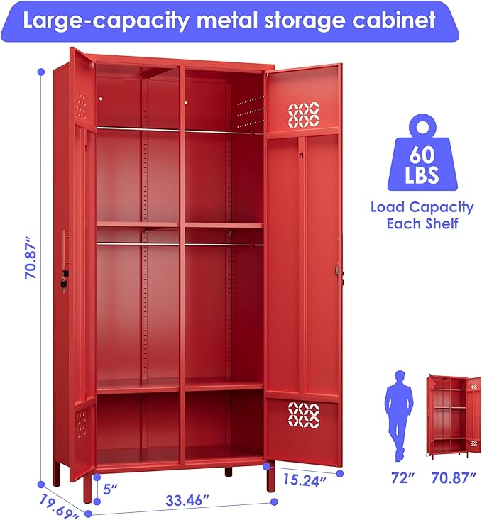 METAN 2 Door Metal Storage Lockers for Employees, Lockable Steel Storage Lockers with Hanger and Adjustable Shelves,Assembly Required,Red