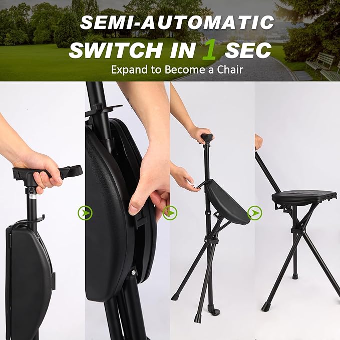 Portable Walking Stick with Cushion, Adjustable Height Cane with Seat, Portable Cane Stool, Lightweight Aluminum, Capacity 550 Lbs, for Camping, Hiking, Climb, Anti-Slip with Carry Bag