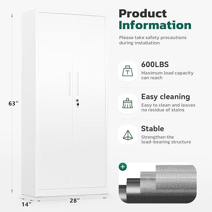 Greenvelly Metal Pantry Cabinet, 63”Tall White Kitchen Pantry Storage Cabinets with 2 Lock Doors and 4 Adjustable Shelves for Home Office, Dinning Room,Garage