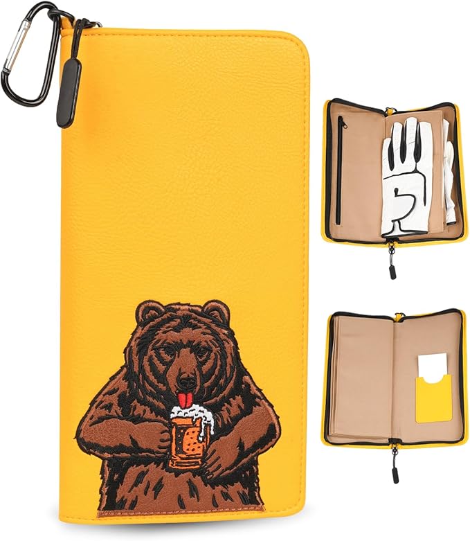 Golf Glove Holder Case for Accessories Portable Golfer Gifts for Men & Women Caddy Organizer Case with Storage Slots for Cards, Tees & Ball Markers Embroidered Beer Bear