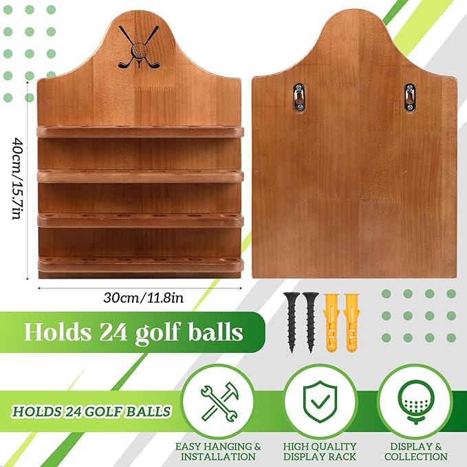 Marsui Wooden Golf Ball Display Case 24 Balls Wall Mounted Golf Ball Display Holder Father's Day Collection Gifts for Golf Ball Enthusiasts Dad, 15. 8 x 11. 8 Inch