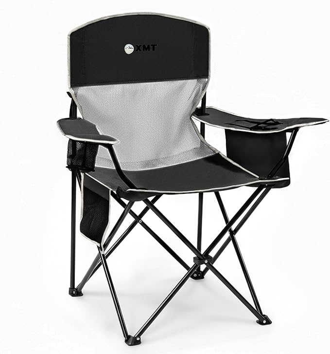 Portable Outdoor Folding Chair with Cup Holder & Cooler Bag - Breathable Mesh, Wide Armrests, Ergonomic Design for Camping, Beach, Backyard - Includes Storage Bag & Bottle Opener (Black/Green/Red)