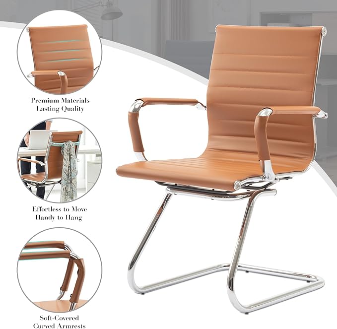 CIMOTA Waiting Room Chairs Leather Office Guest Chair Mid Back Reception Chairs with Sled Base for Meeting/Patient/Conference Room, Brownish Yellow Set of 2