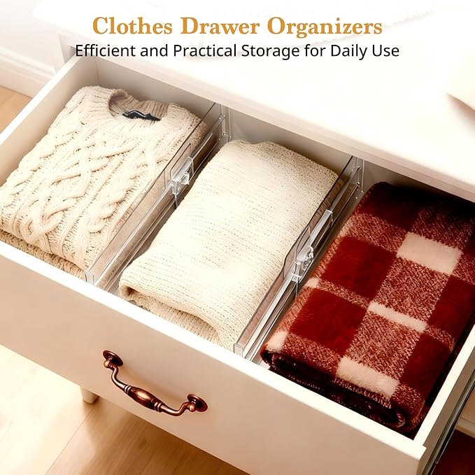 4 Pack Drawer Dividers for Clothes, 4" High 10"-17" Drawer Dividers Adjustable Expandable Dresser Drawer Organizers, Clear Dresser Separators for Clothes, Underwear, Baby Clothes, Cosmetic, Toiletries