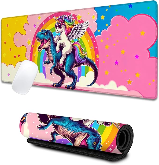 Fun Unicorn Dinosaur Large Gaming Desk Mat,Rubber Non-Slip Cute Fantasy Mouse Pad,31.5x11.8x0.12in Extended Colorful Mousepad,Game Lover Mice Pads Gifts,Office Home Deskmat Decor