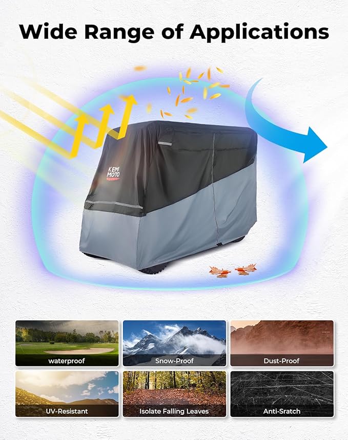 KEMIMOTO Golf Cart Cover, 2/2+2/4/4+2/6/6+2/8 Passenger Heavy Duty Golf Cart Rain Covers with Storage Bag Universal Compatible with EZGO Club Car