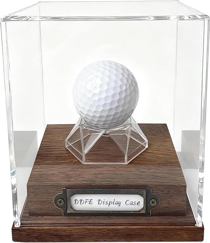 Golf Ball Display Case Walnut Wood Base & Acrylic Holder Dust Protection Transparent Storage Box for Single Ball Souvenir Golfball Collections for Gifts Enthusiasts Collectibles(Golf Ball)