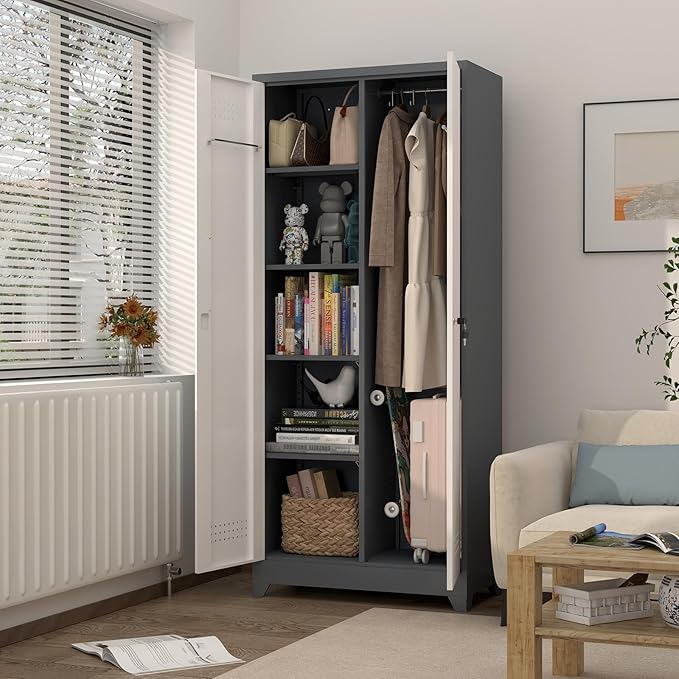 GREATMEET 72.8" H Metal Garage Storage Cabinets, Lockable Broom Closet Storage Cabinet with Doors and Shelves, Utility Cabinets for Storage Locker, Grey-White