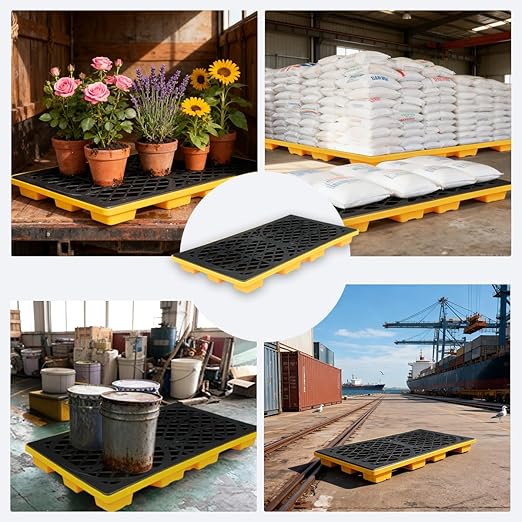 2 Drum Modular Platform Spill Containment Trays with Drain Outlet Forklift Pockets 48x24x4 Heavy Duty 2000lbs Capacity Stackable Leakproof Containment Tray for Garage, Workshop, Industrial Storage