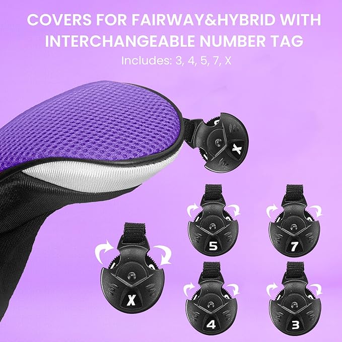 FINGER TEN Golf Club Head Covers Woods Hybrids 1/2/3/4 Pack, Headcovers Men Women 3 5 7 X with Interchangeable Number Tag, Fit All Wood Hybrid Clubs