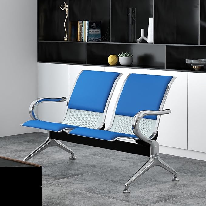 Kinfant 2-Seat PU Leather Waiting Room Bench – Blue Reception Chair for Office, Hospital, Bank, Salon, Airport