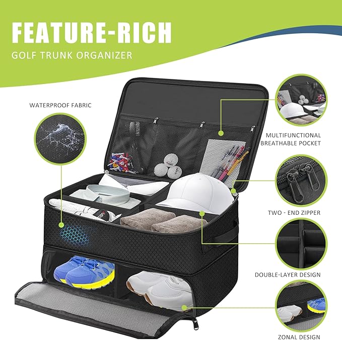 Golf Trunk Organizer, 2 Layer Golf Storage Bag, Waterproof Car Golfer Organizers with Ventilation Compartment for 2 Pairs Shoes, Balls, Clothes, Tees, Gloves, Accessories, Gifts for Men Women