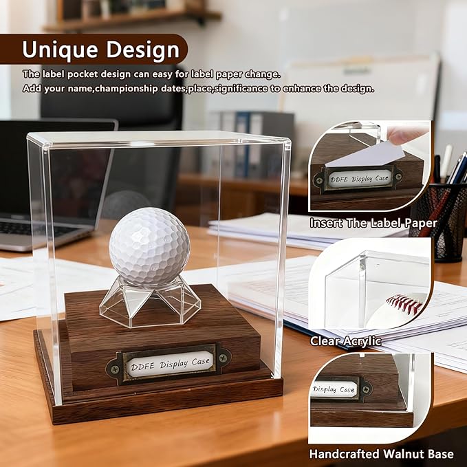 Golf Ball Display Case Walnut Wood Base & Acrylic Holder Dust Protection Transparent Storage Box for Single Ball Souvenir Golfball Collections for Gifts Enthusiasts Collectibles(Golf Ball)