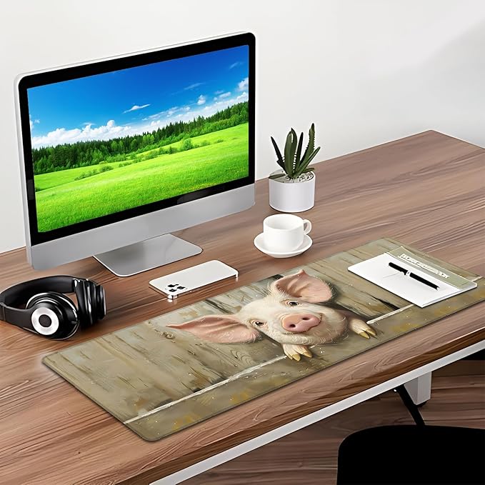 Farmhouse Pig Gaming Mouse Pad, Desk Mat, Non-Slip Rubber Base Cool Aesthetic MousePads for Computer Laptop Keyboard Office School Home Desktop Accessories Decor 31.5" x 11.8"
