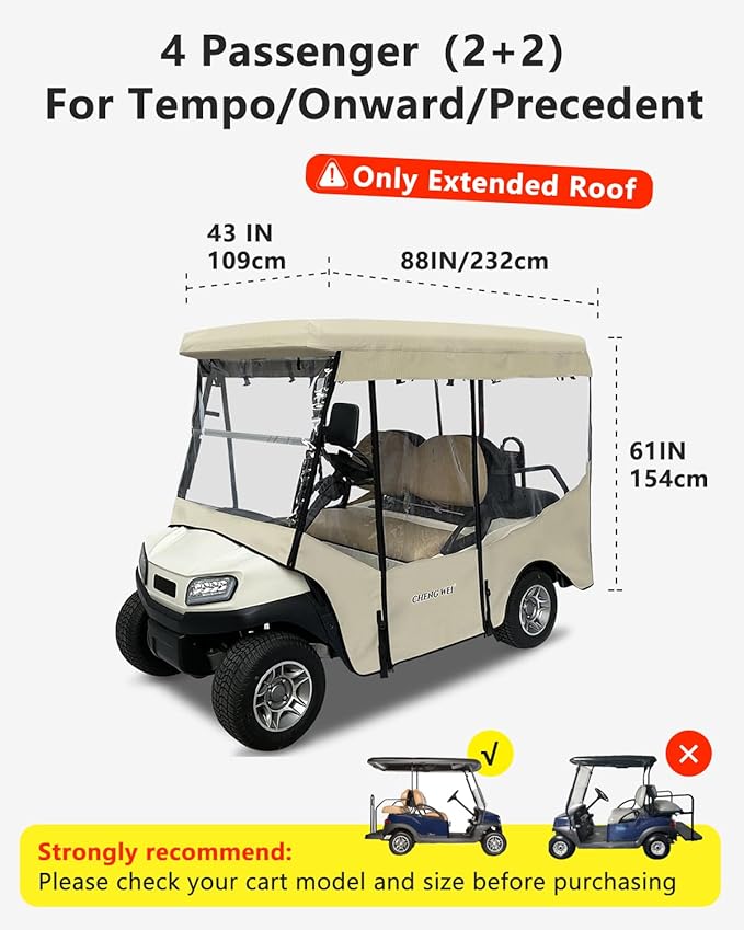 Golf Cart Enclosure 4 Passenger Extended Roof 88 inch for Club Car Tempo Precedent Onward,600D Clear Rain Cover Driving Enclosures,Full Roll Up 4 Sided Transparent Windows&Door Side Mirrors Openings