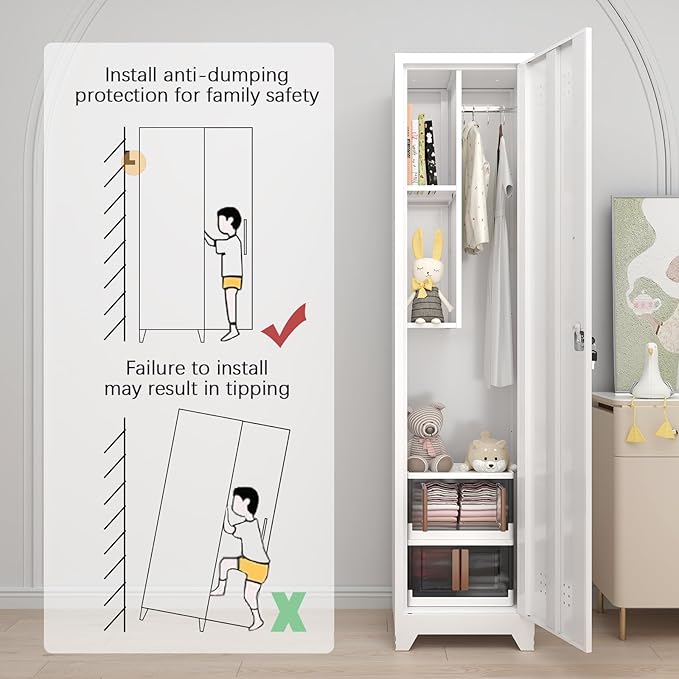 GREATMEET Broom Closet Storage Cabinet, Metal Utility Cabinet, Tall Laundry Room Cabinet, Slim Storage Cabinets for Laundry, Living Room, Office, White