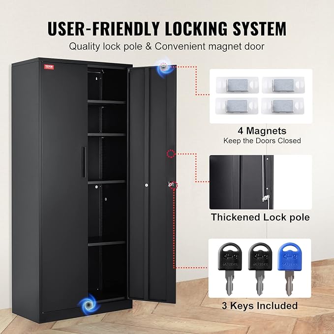 VEVOR Metal Storage Cabinet, Steel Locking Storage Cabinet with 2 Magnetic Doors and 4 Adjustable Shelves, 71'' Metal Cabinet 200 lbs Capacity per Shelf with 3 Keys, for Office, Home, Garage, Black