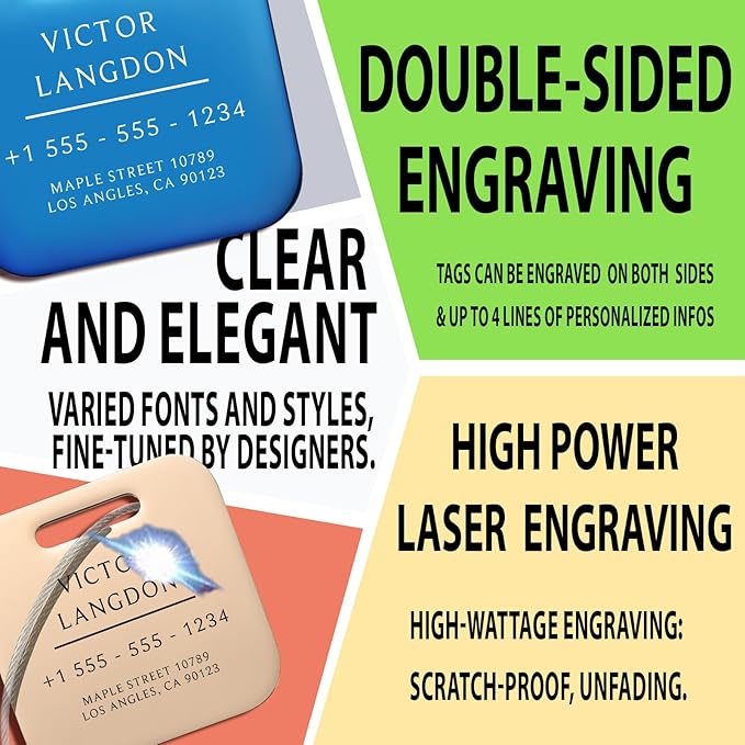 Stainless Luggage Tags for Suitcases 4 Pack: Metal Personalized Luggage Tags for Backpacks & Bags with Customizable Texts (Blue)